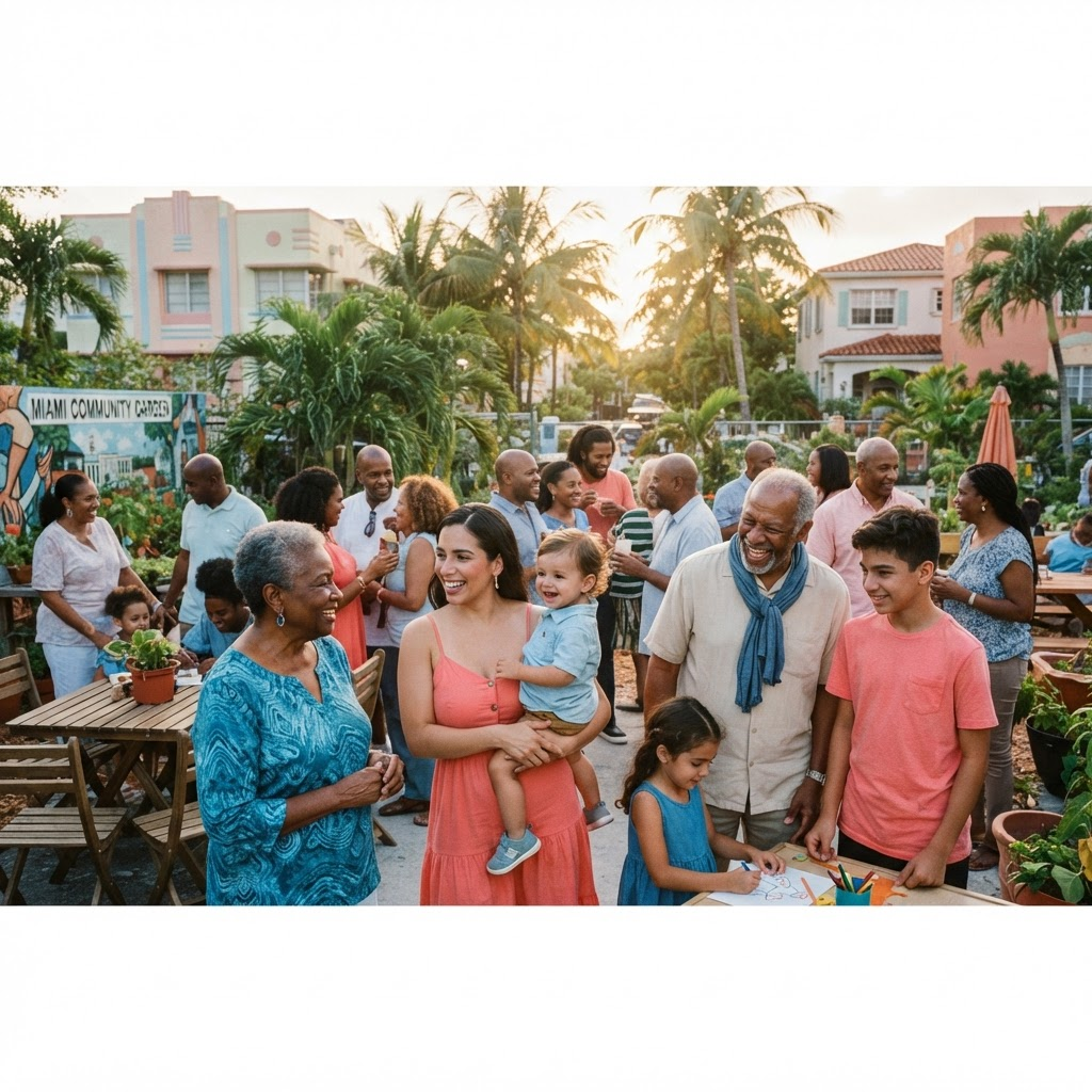 A diverse community gathered together outdoors in Miami